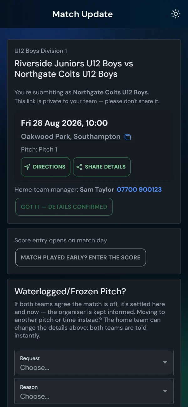 The match page: date, kick-off, venue with directions, and a Got it — details confirmed button (phone)