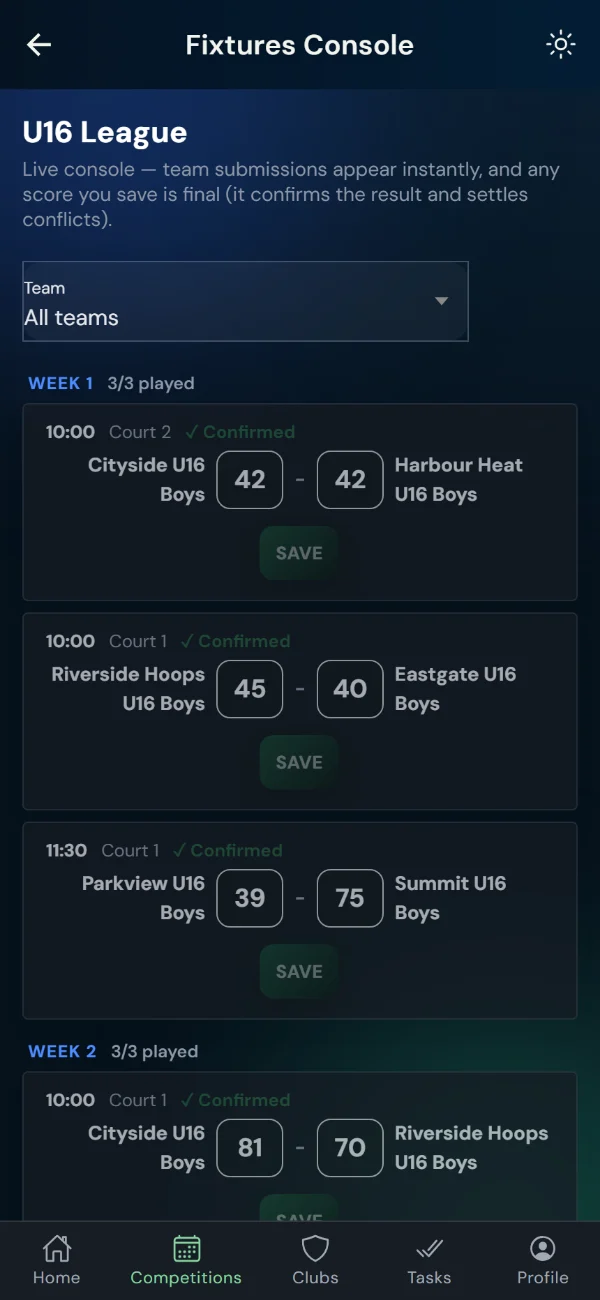 LeagueHub365 fixtures console for a basketball league: every fixture in one list with in-place score entry (phone)