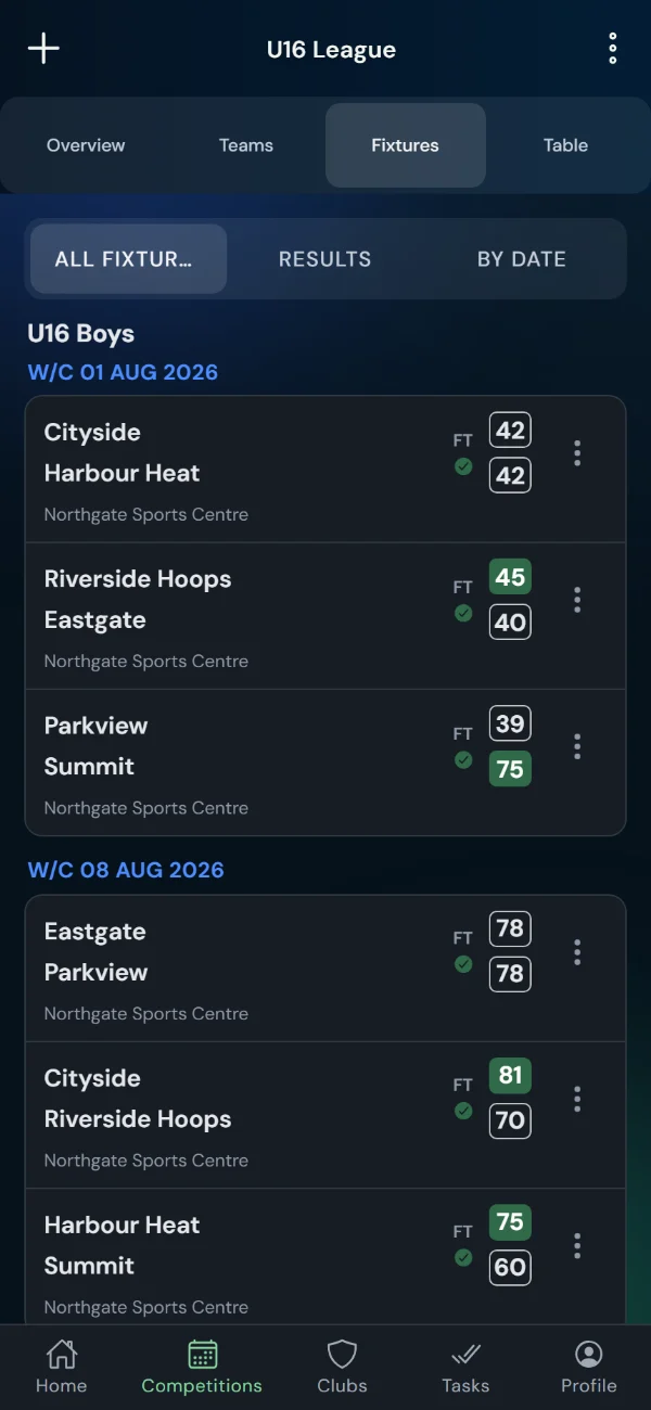 LeagueHub365 fixtures for a basketball league: full-time scores, confirmed results and upcoming games with venue (phone)