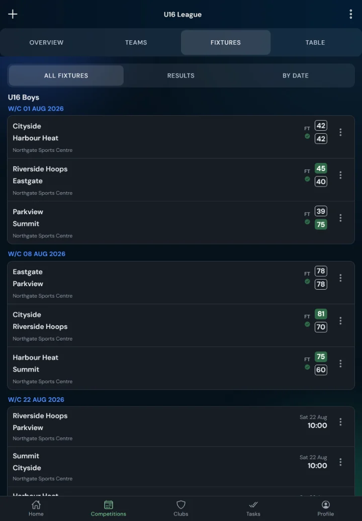 LeagueHub365 fixtures for a basketball league: full-time scores, confirmed results and upcoming games with venue (tablet)