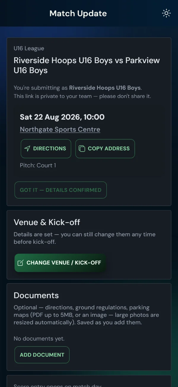 LeagueHub365 team match page for a basketball fixture: venue and kick-off, directions, details confirmation, score entry — no login (phone)