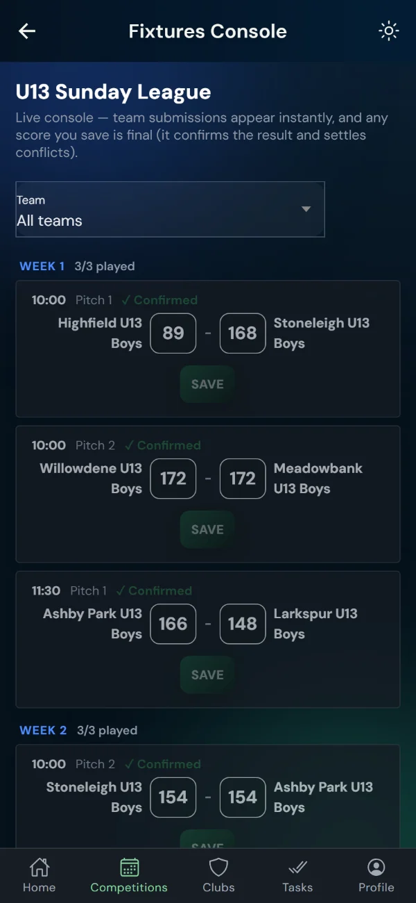 LeagueHub365 fixtures console for a cricket league: every fixture in one list with in-place score entry (phone)