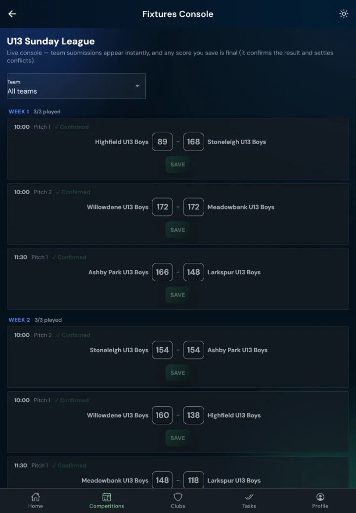 LeagueHub365 fixtures console for a cricket league: every fixture in one list with in-place score entry (tablet)
