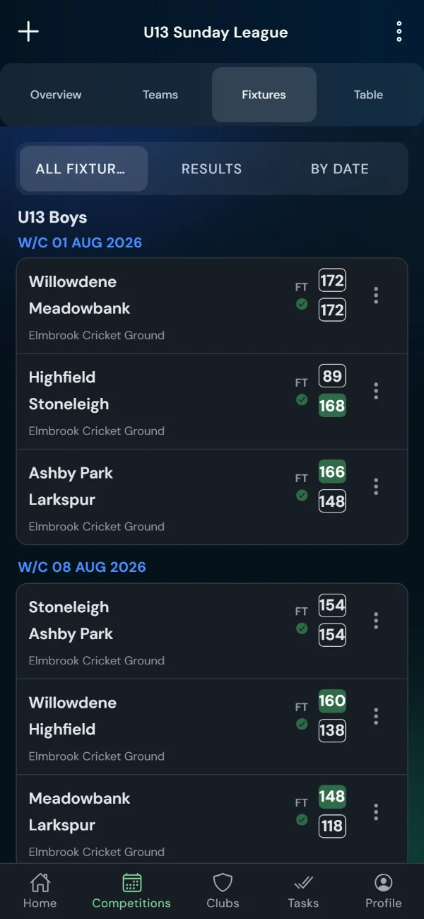 LeagueHub365 fixtures for a cricket league: full-time scores, confirmed results and upcoming games with venue (phone)