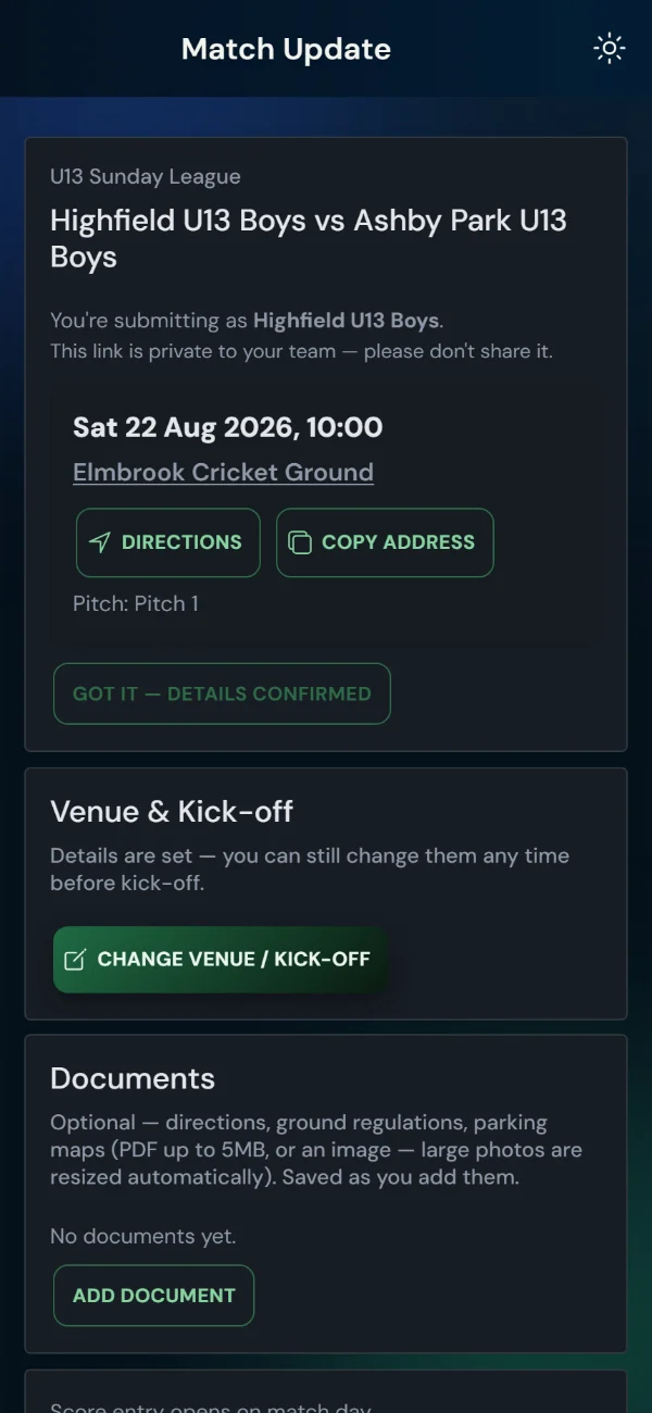 LeagueHub365 team match page for a cricket fixture: venue and kick-off, directions, details confirmation, score entry — no login (phone)