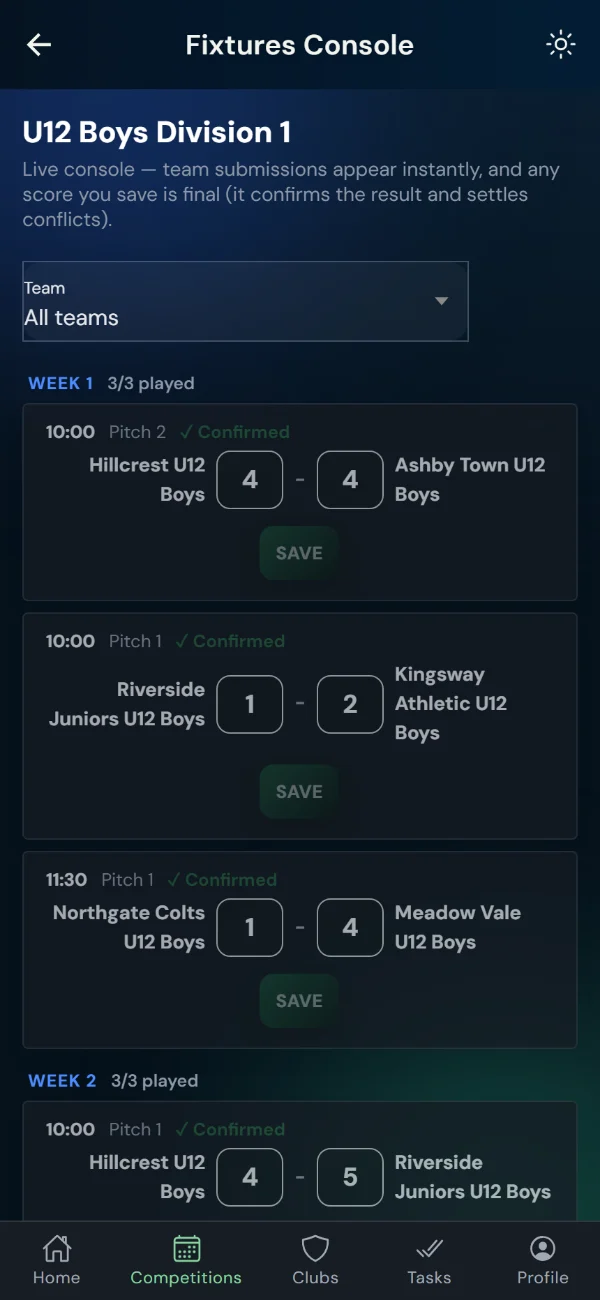 LeagueHub365 fixtures console for a football league: every fixture in one list with in-place score entry (phone)