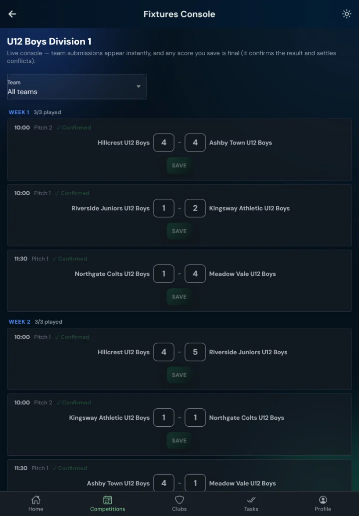 LeagueHub365 fixtures console for a football league: every fixture in one list with in-place score entry (tablet)