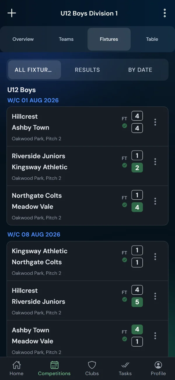 LeagueHub365 fixtures for a football league: full-time scores, confirmed results and upcoming games with venue (phone)