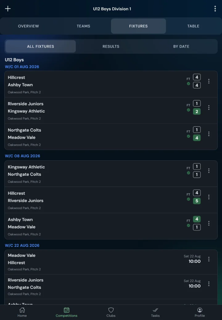LeagueHub365 fixtures for a football league: full-time scores, confirmed results and upcoming games with venue (tablet)