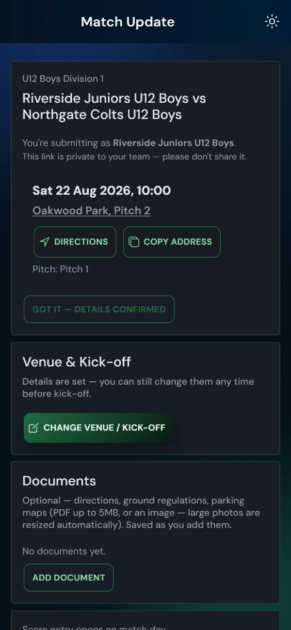 LeagueHub365 team match page for a football fixture: venue and kick-off, directions, details confirmation, score entry — no login (phone)