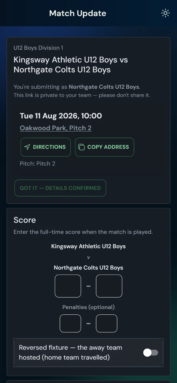 LeagueHub365 team match page on match day: blind score entry, penalties, feedback — no login (phone)