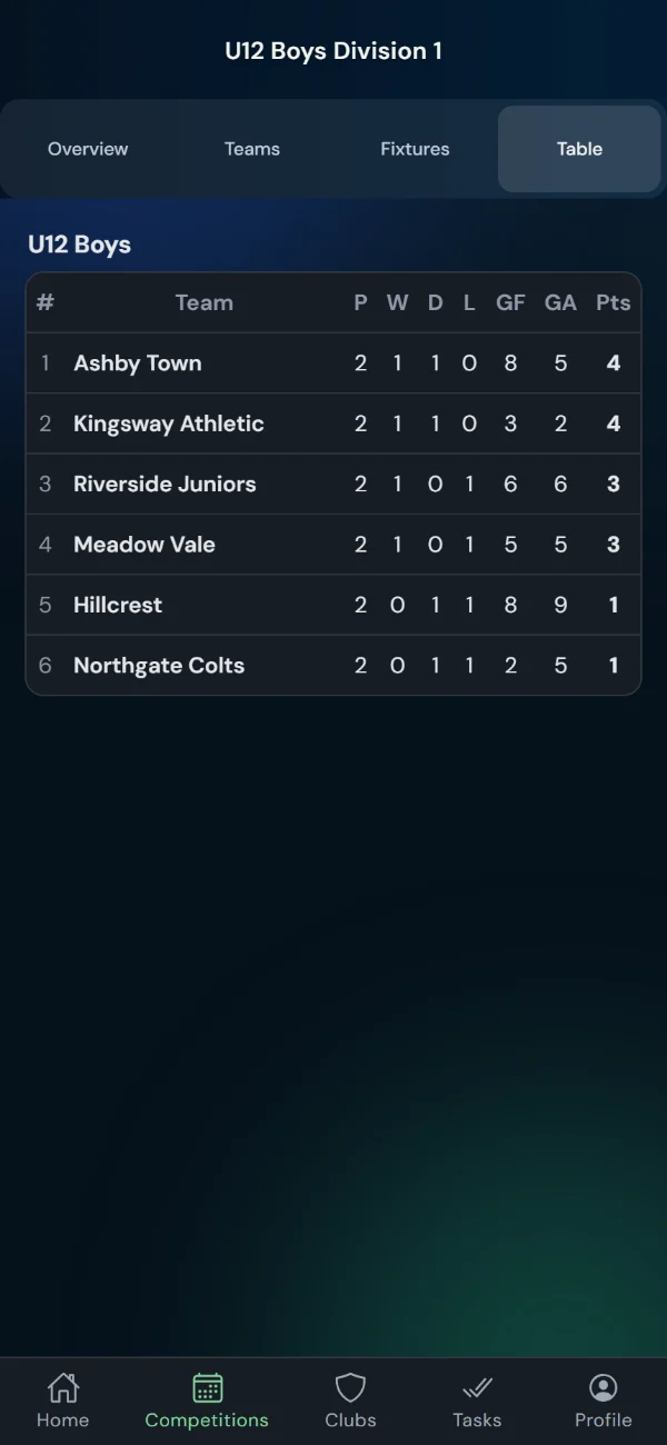 LeagueHub365 live league table for a football league (phone)
