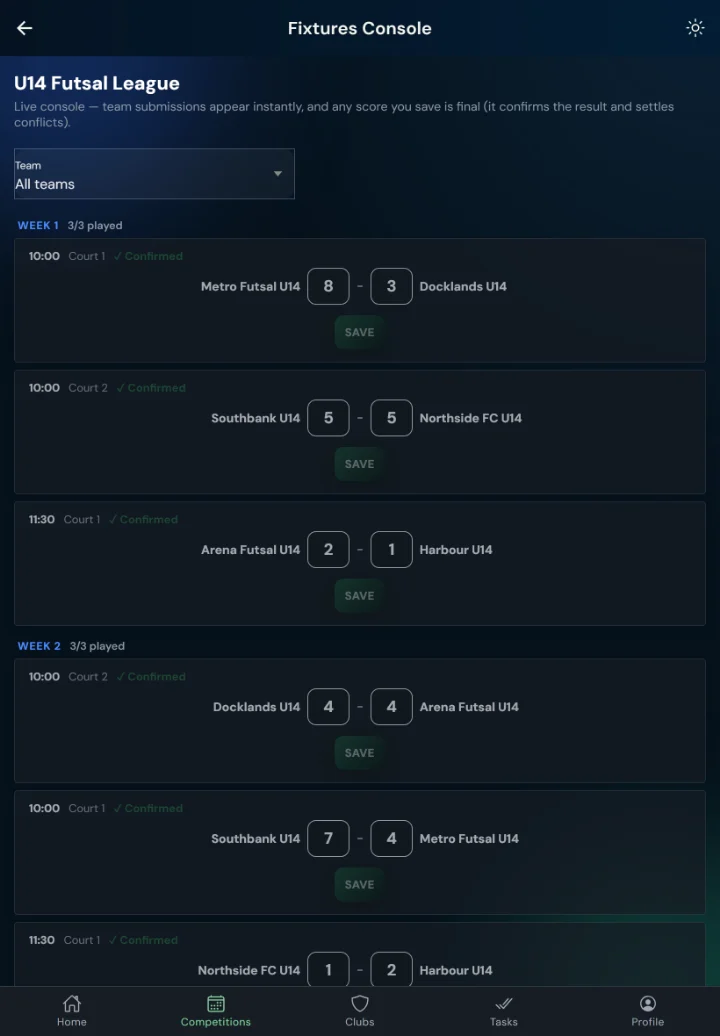 LeagueHub365 fixtures console for a futsal league: every fixture in one list with in-place score entry (tablet)