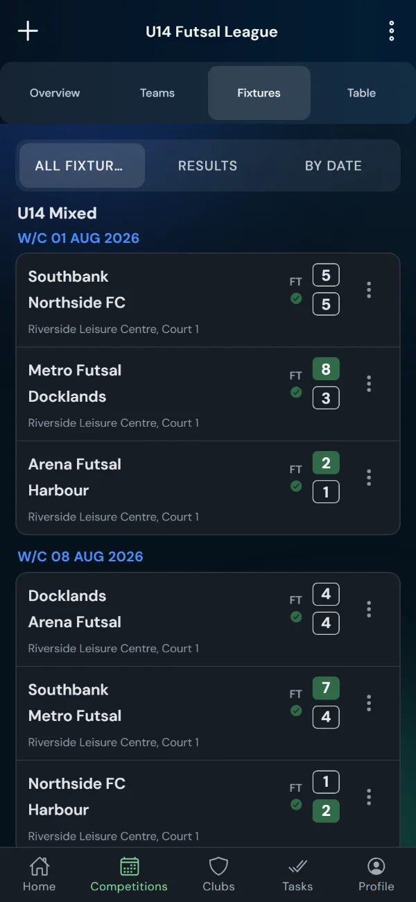 LeagueHub365 fixtures for a futsal league: full-time scores, confirmed results and upcoming games with venue (phone)