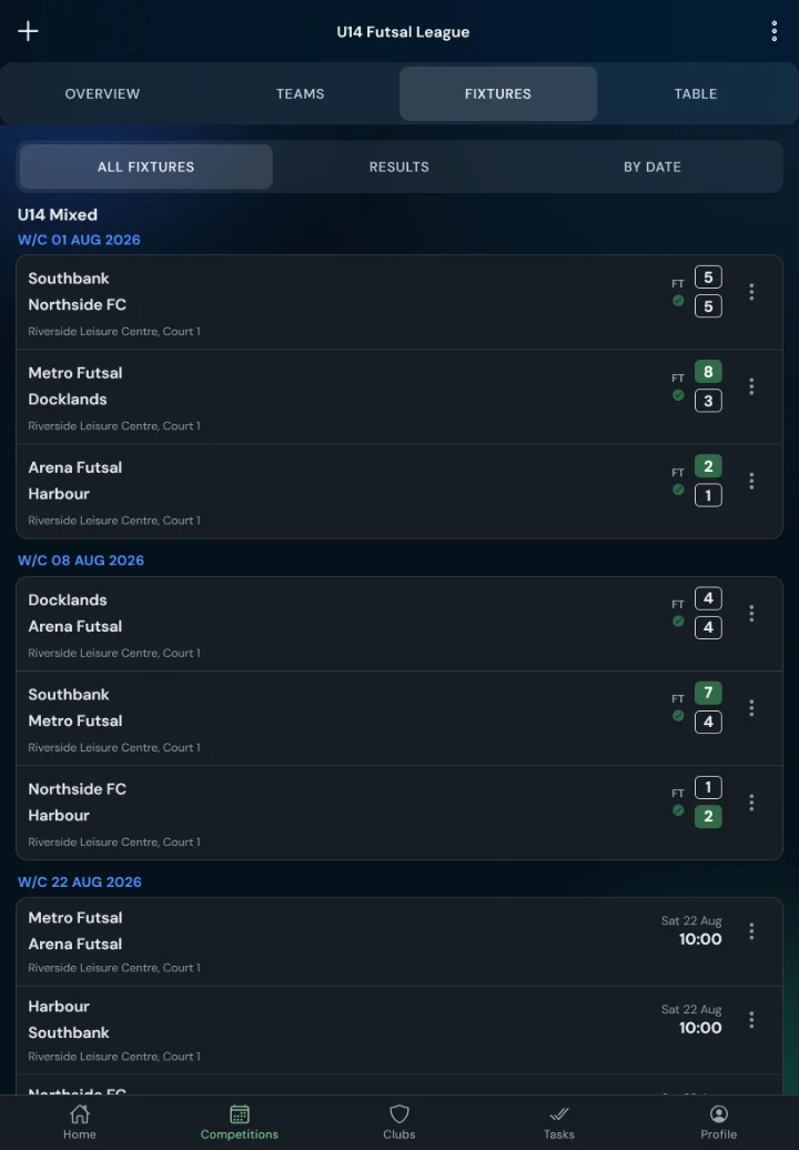 LeagueHub365 fixtures for a futsal league: full-time scores, confirmed results and upcoming games with venue (tablet)