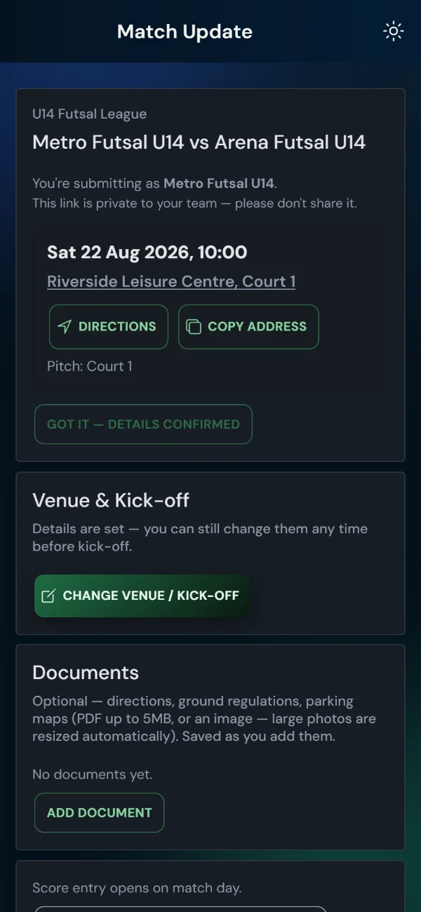 LeagueHub365 team match page for a futsal fixture: venue and kick-off, directions, details confirmation, score entry — no login (phone)