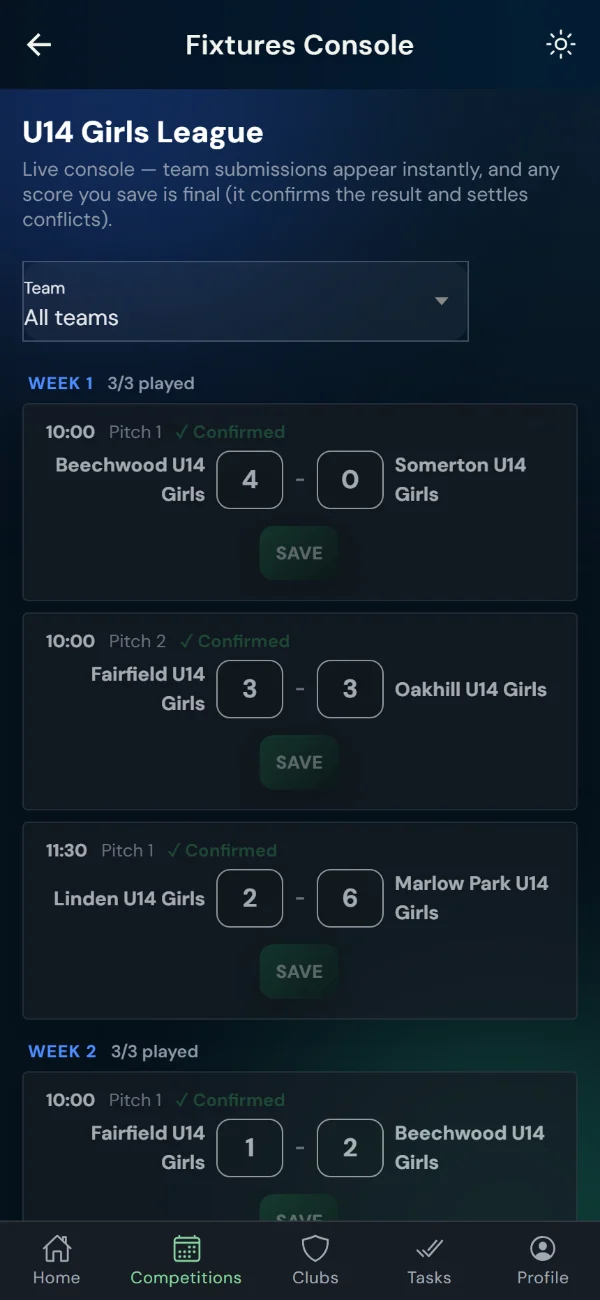 LeagueHub365 fixtures console for a hockey league: every fixture in one list with in-place score entry (phone)
