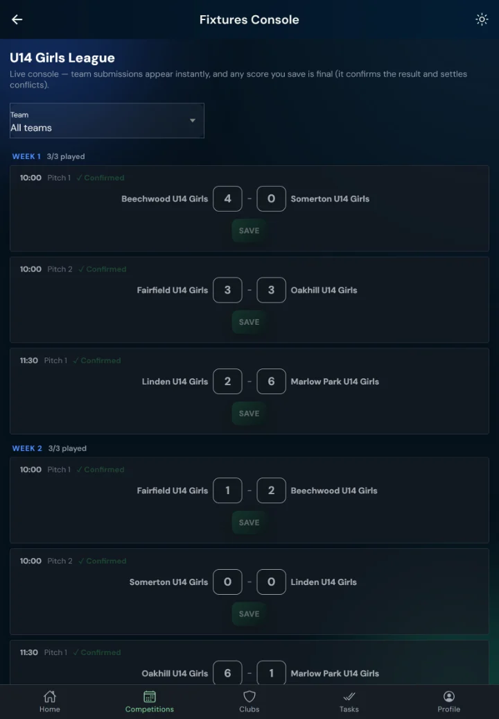 LeagueHub365 fixtures console for a hockey league: every fixture in one list with in-place score entry (tablet)