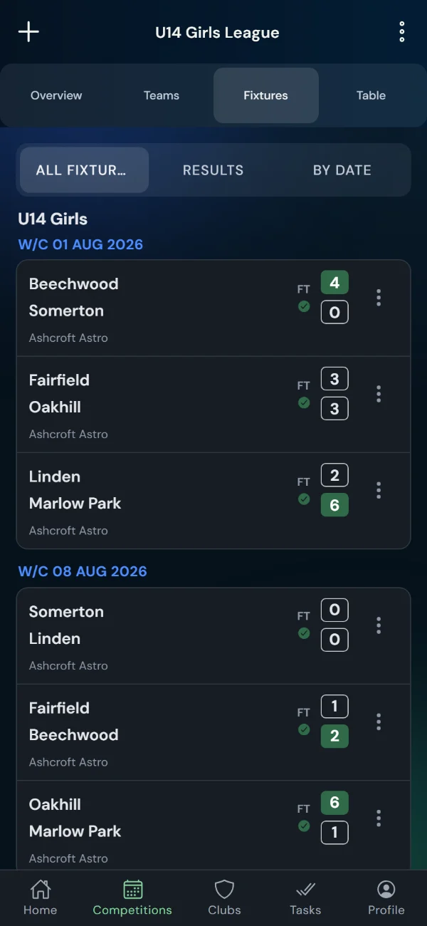 LeagueHub365 fixtures for a hockey league: full-time scores, confirmed results and upcoming games with venue (phone)