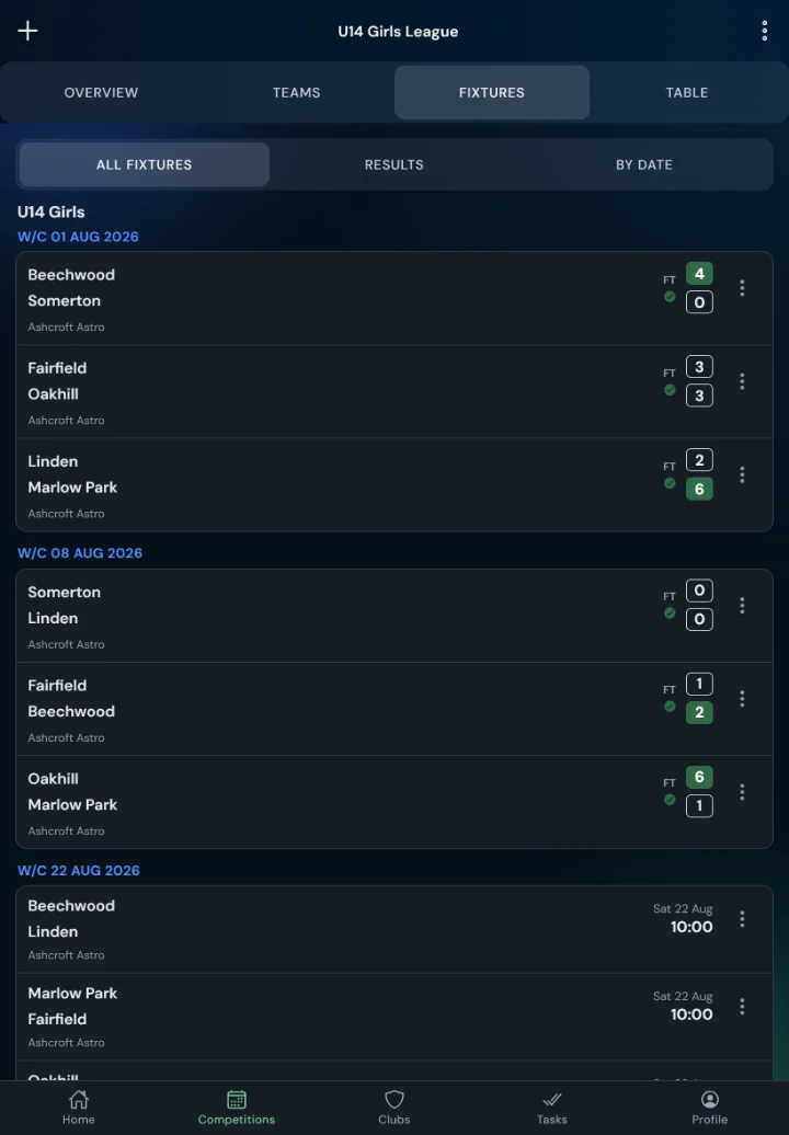 LeagueHub365 fixtures for a hockey league: full-time scores, confirmed results and upcoming games with venue (tablet)