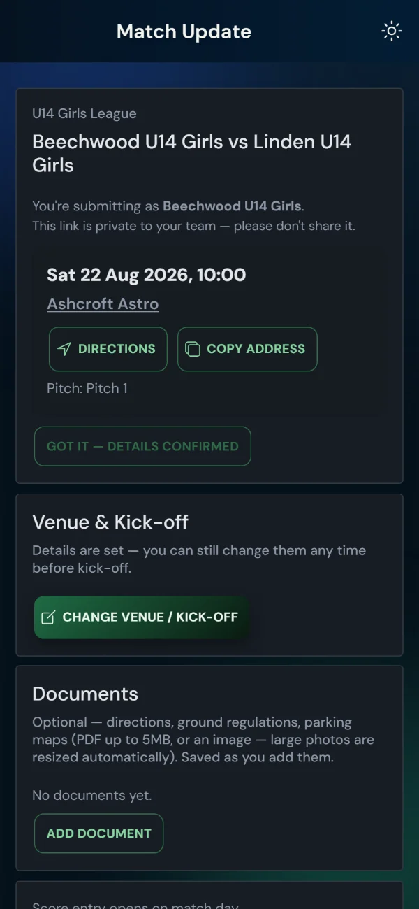 LeagueHub365 team match page for a hockey fixture: venue and kick-off, directions, details confirmation, score entry — no login (phone)