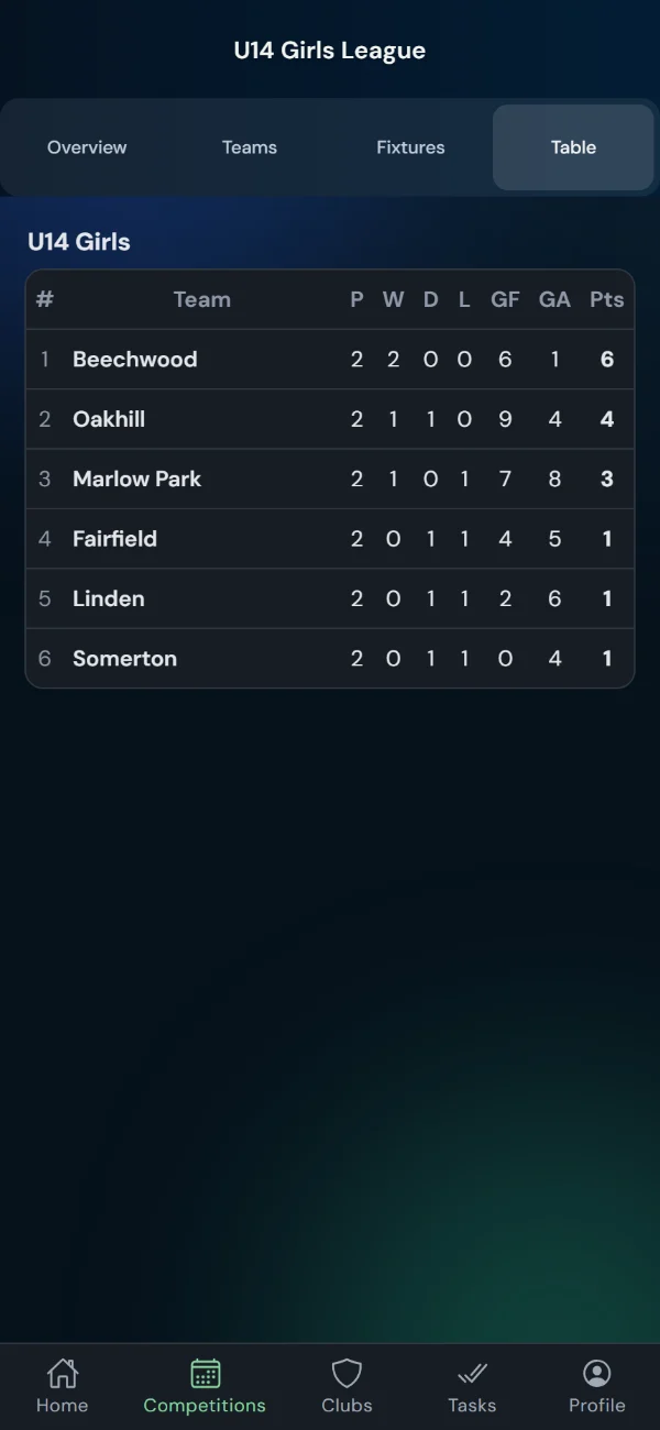 LeagueHub365 live league table for a hockey league (phone)