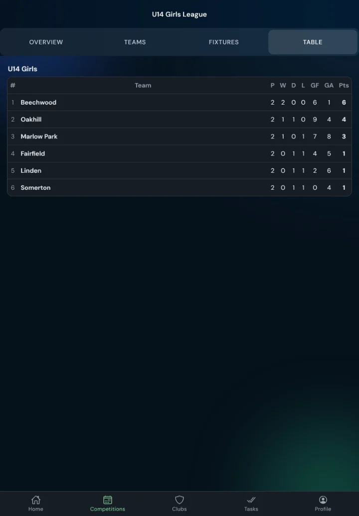 LeagueHub365 live league table for a hockey league (tablet)