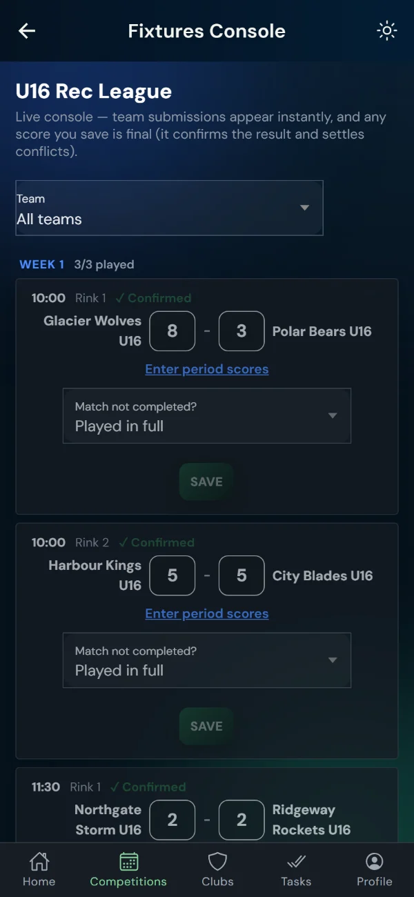 LeagueHub365 fixtures console for a ice hockey league: every fixture in one list with in-place score entry (phone)