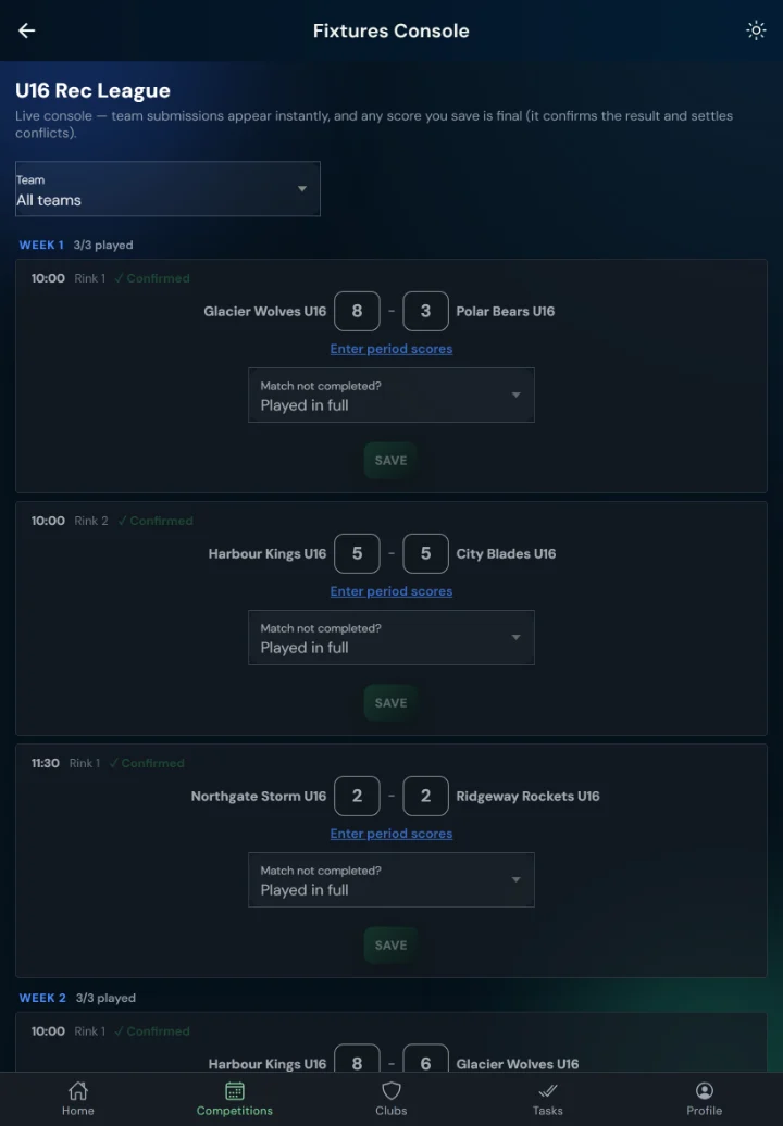 LeagueHub365 fixtures console for a ice hockey league: every fixture in one list with in-place score entry (tablet)
