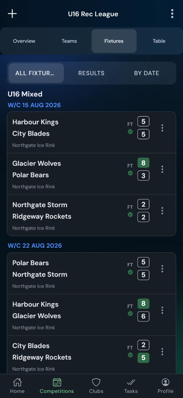 LeagueHub365 fixtures for a ice hockey league: full-time scores, confirmed results and upcoming games with venue (phone)