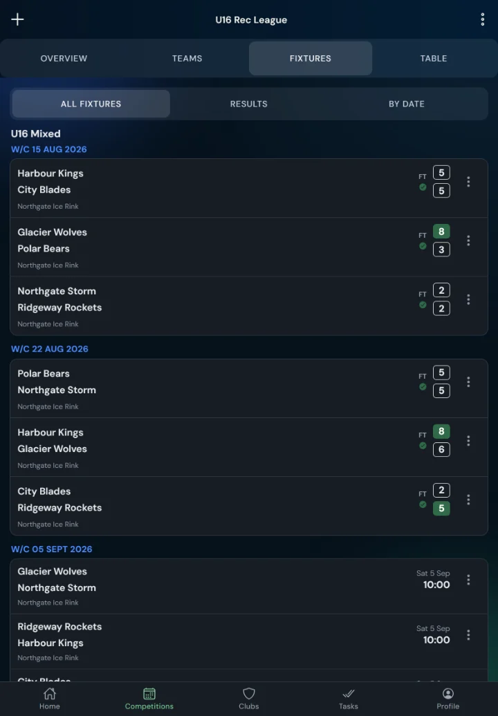 LeagueHub365 fixtures for a ice hockey league: full-time scores, confirmed results and upcoming games with venue (tablet)