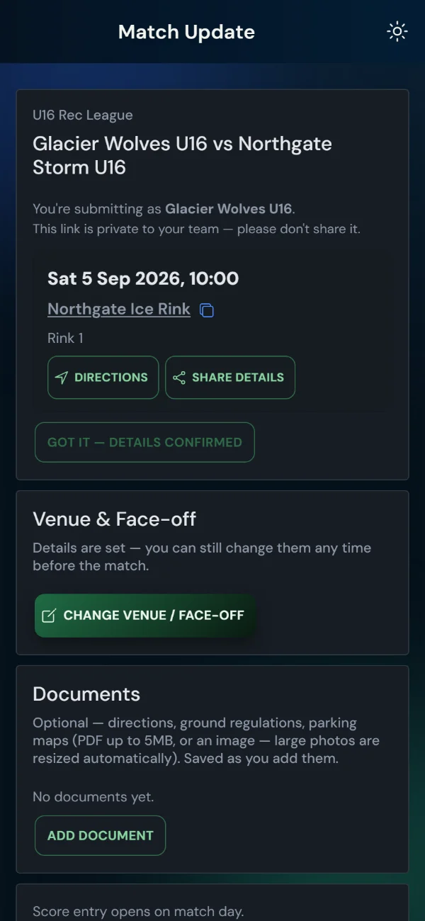 LeagueHub365 team match page for a ice hockey fixture: venue and kick-off, directions, details confirmation, score entry — no login (phone)