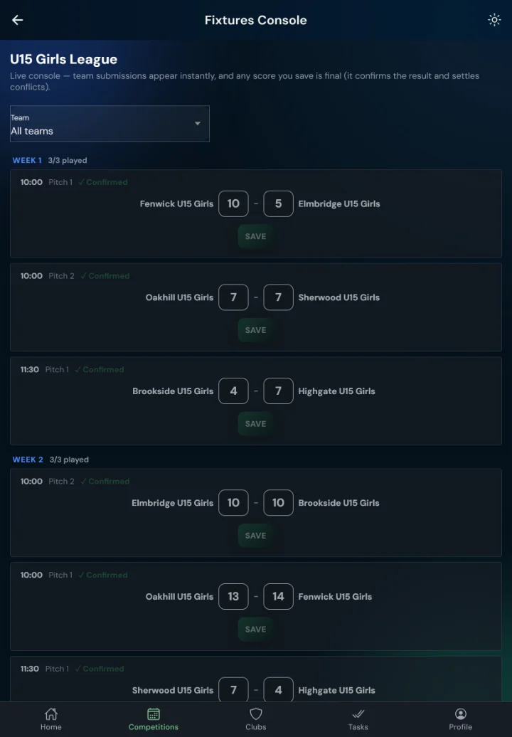 LeagueHub365 fixtures console for a lacrosse league: every fixture in one list with in-place score entry (tablet)