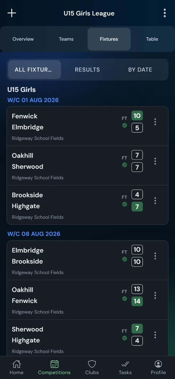 LeagueHub365 fixtures for a lacrosse league: full-time scores, confirmed results and upcoming games with venue (phone)