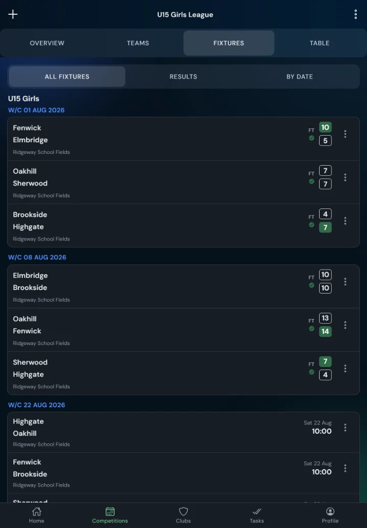 LeagueHub365 fixtures for a lacrosse league: full-time scores, confirmed results and upcoming games with venue (tablet)