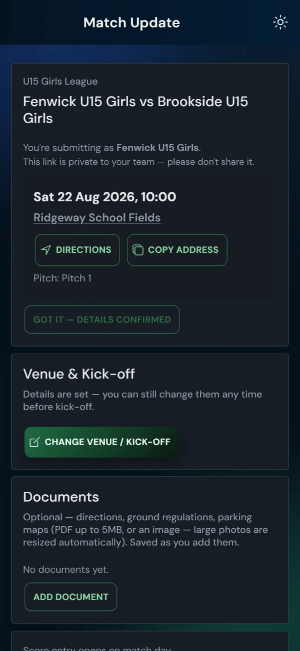 LeagueHub365 team match page for a lacrosse fixture: venue and kick-off, directions, details confirmation, score entry — no login (phone)