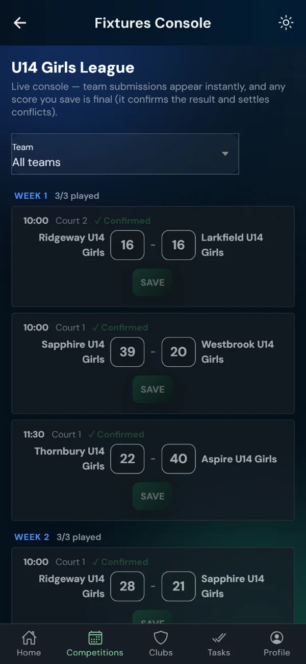 LeagueHub365 fixtures console for a netball league: every fixture in one list with in-place score entry (phone)