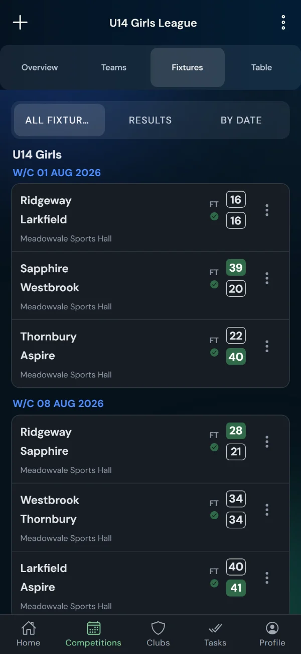 LeagueHub365 fixtures for a netball league: full-time scores, confirmed results and upcoming games with venue (phone)