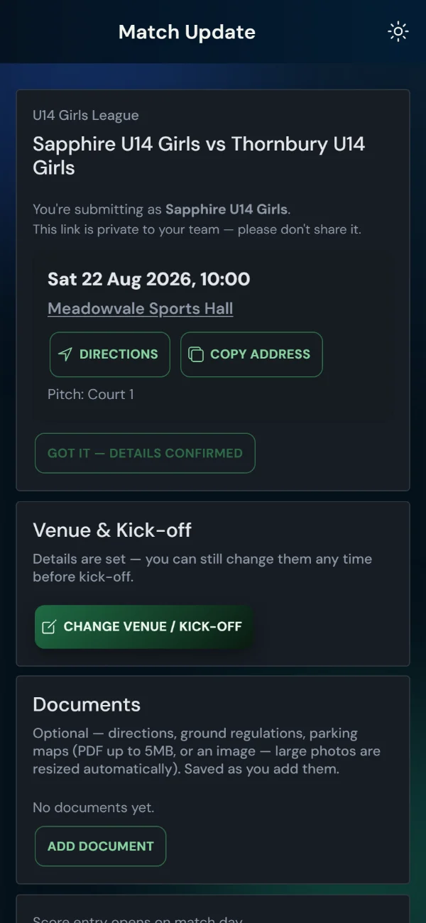 LeagueHub365 team match page for a netball fixture: venue and kick-off, directions, details confirmation, score entry — no login (phone)