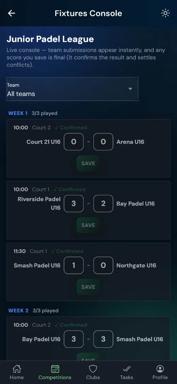 LeagueHub365 fixtures console for a padel league: every fixture in one list with in-place score entry (phone)