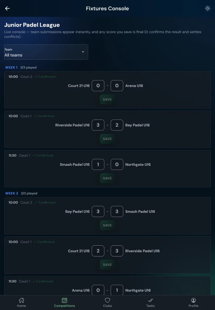LeagueHub365 fixtures console for a padel league: every fixture in one list with in-place score entry (tablet)