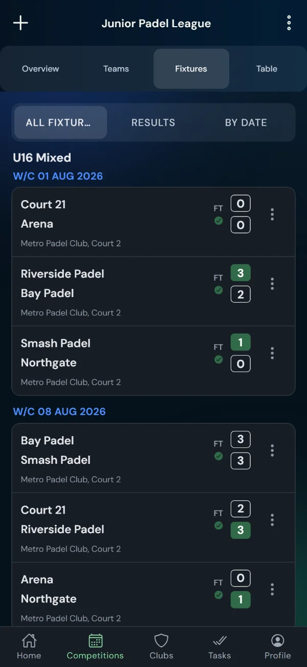 LeagueHub365 fixtures for a padel league: full-time scores, confirmed results and upcoming games with venue (phone)