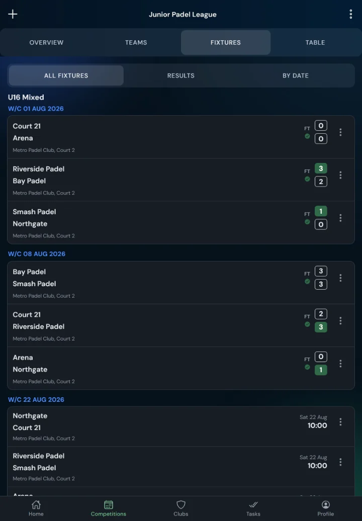 LeagueHub365 fixtures for a padel league: full-time scores, confirmed results and upcoming games with venue (tablet)