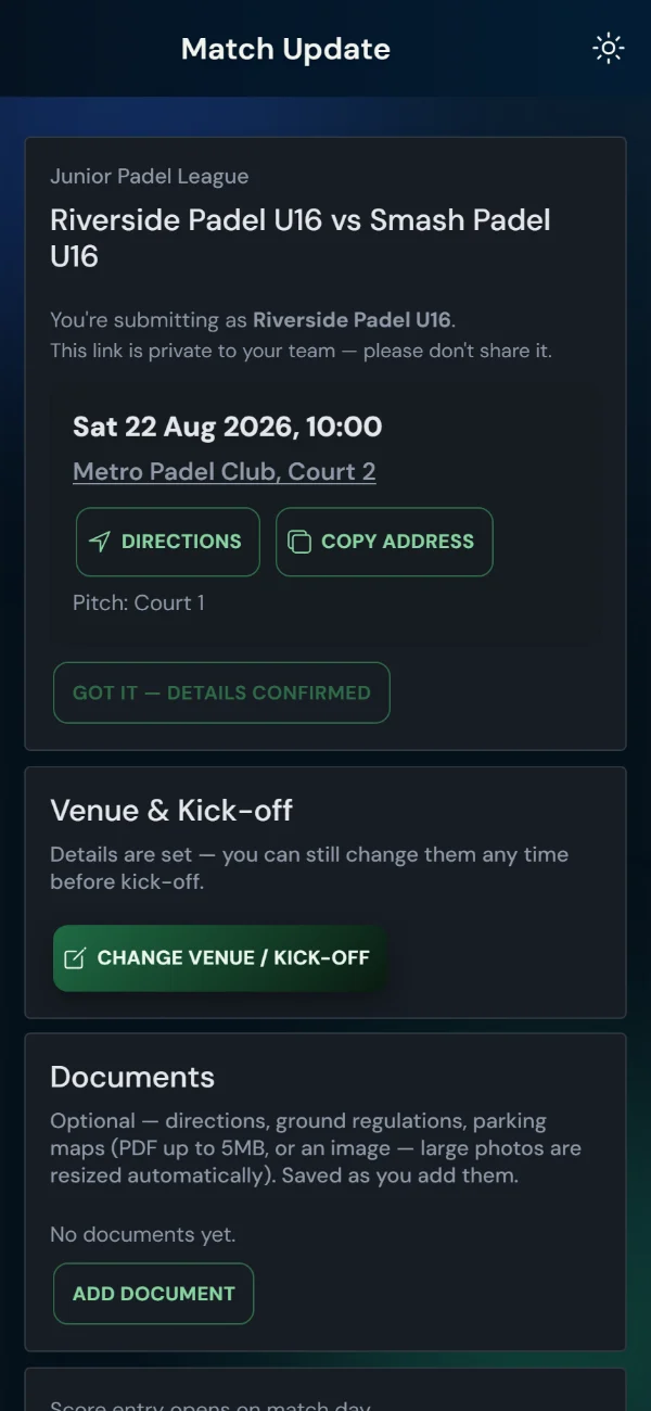 LeagueHub365 team match page for a padel fixture: venue and kick-off, directions, details confirmation, score entry — no login (phone)