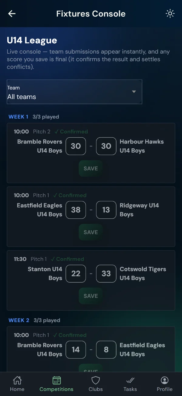 LeagueHub365 fixtures console for a rugby league league: every fixture in one list with in-place score entry (phone)