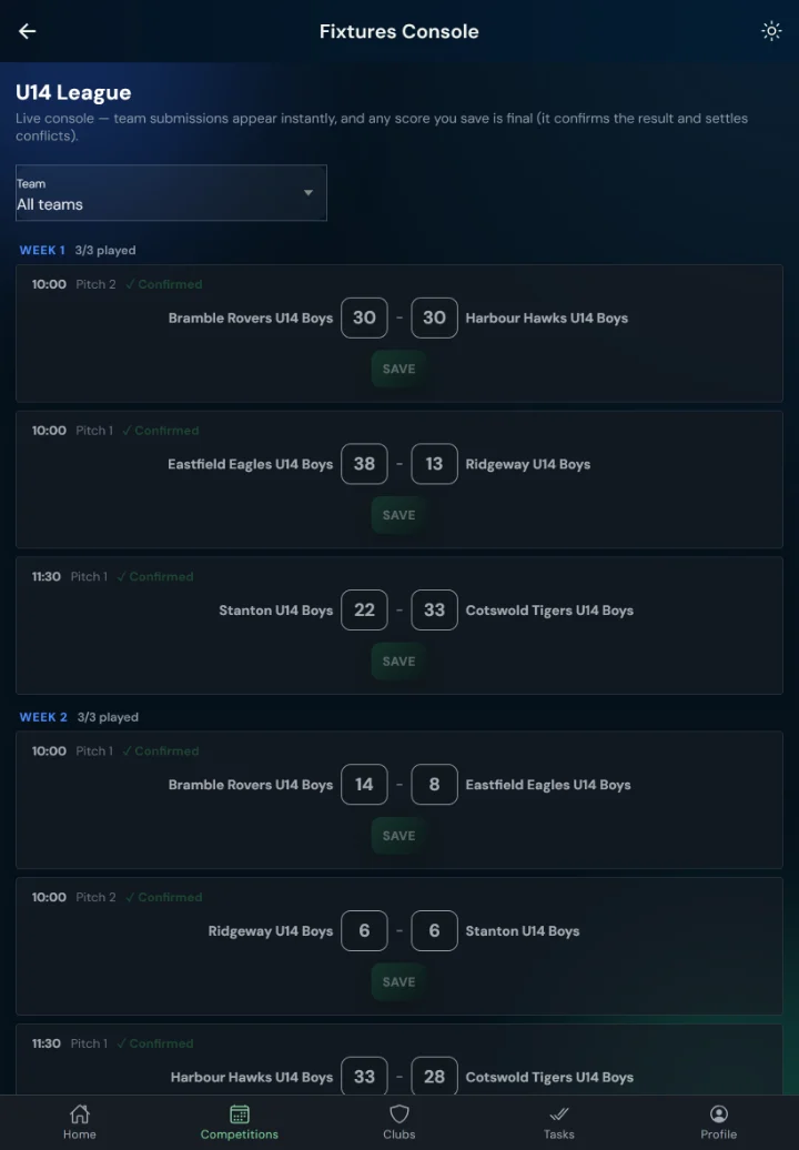 LeagueHub365 fixtures console for a rugby league league: every fixture in one list with in-place score entry (tablet)