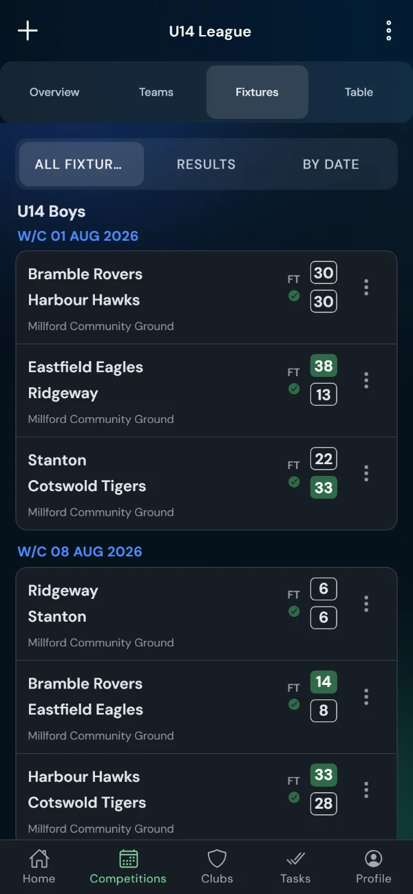 LeagueHub365 fixtures for a rugby league league: full-time scores, confirmed results and upcoming games with venue (phone)