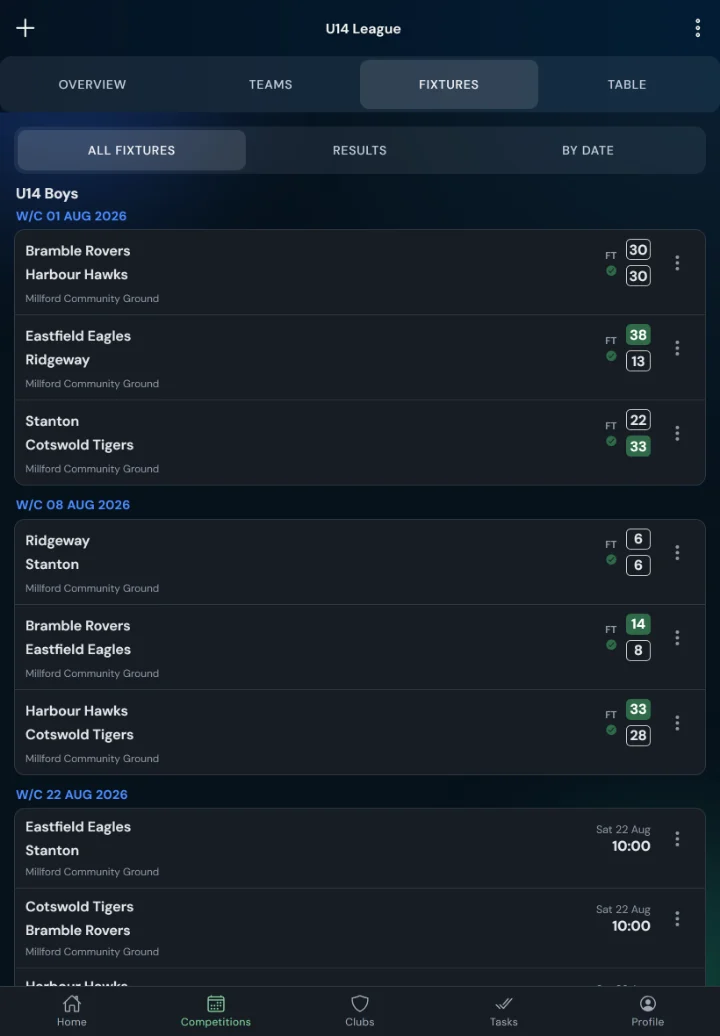 LeagueHub365 fixtures for a rugby league league: full-time scores, confirmed results and upcoming games with venue (tablet)