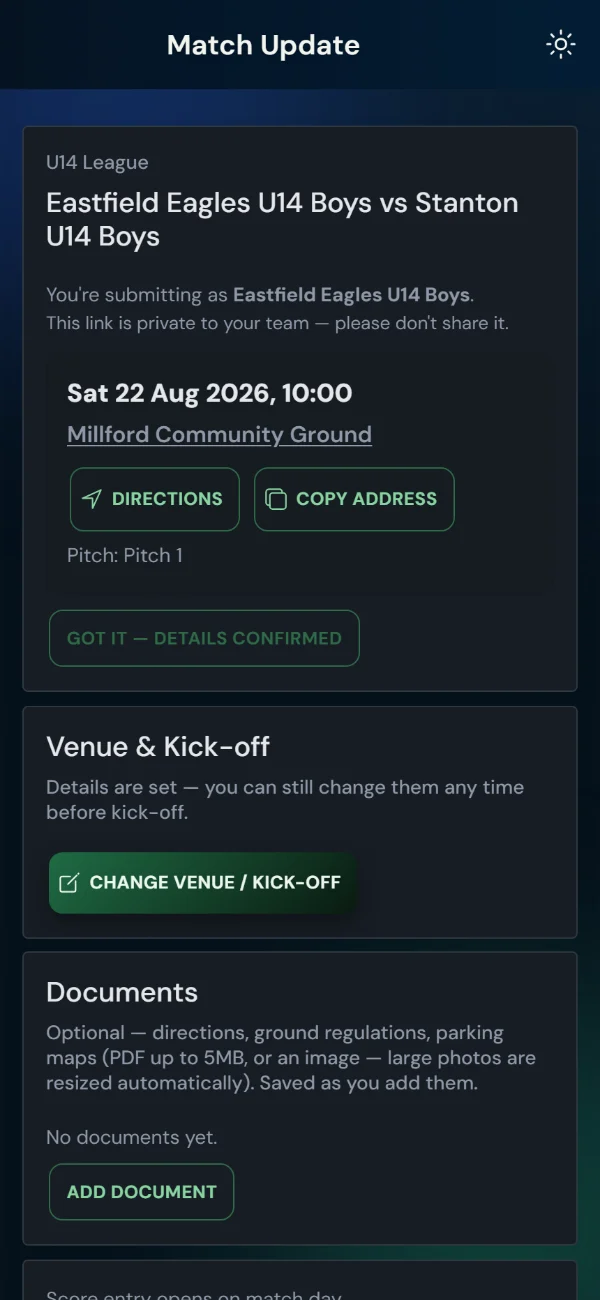 LeagueHub365 team match page for a rugby league fixture: venue and kick-off, directions, details confirmation, score entry — no login (phone)