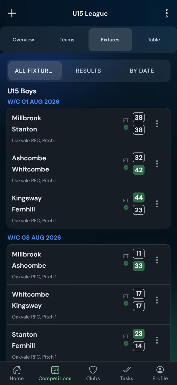 LeagueHub365 fixtures for a rugby union league: full-time scores, confirmed results and upcoming games with venue (phone)